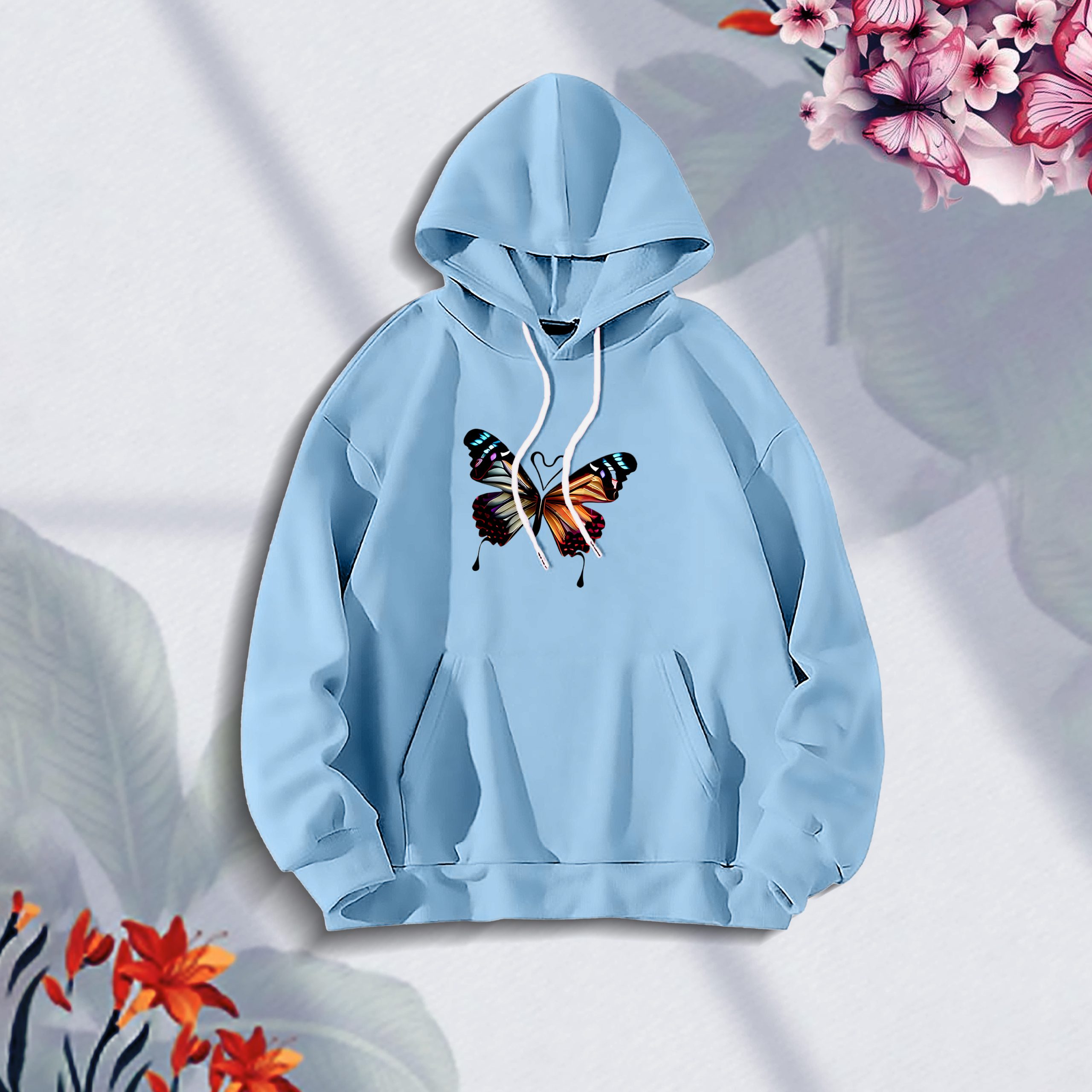 (Butterflies-Sky Blue) Ladies winter hoodie 69