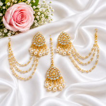 Exclusive Gold Plated Kundan & Pearl Earrings with Bahubali Ear Chains (Sahara) & Maang Tikka Set